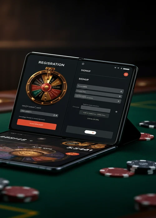 Illustratie van het registratieproces van Spinsino Casino, met een computer en mobiele telefoon die de stappen voor accounaanmaak en verificatie weergeven.